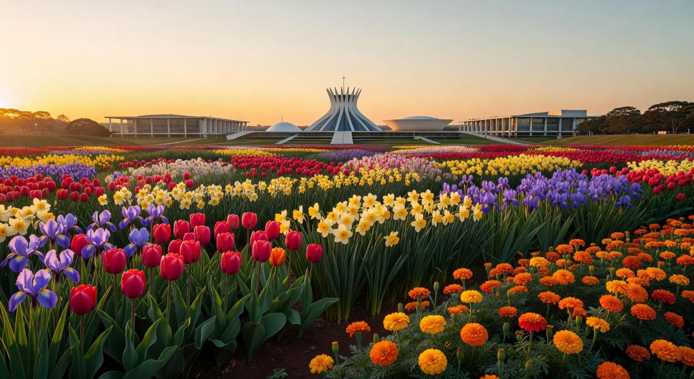 Jardim com flores vibrantes em Brasília, representando o Programa Viva Flor que zera feminicídios e protege mulheres.