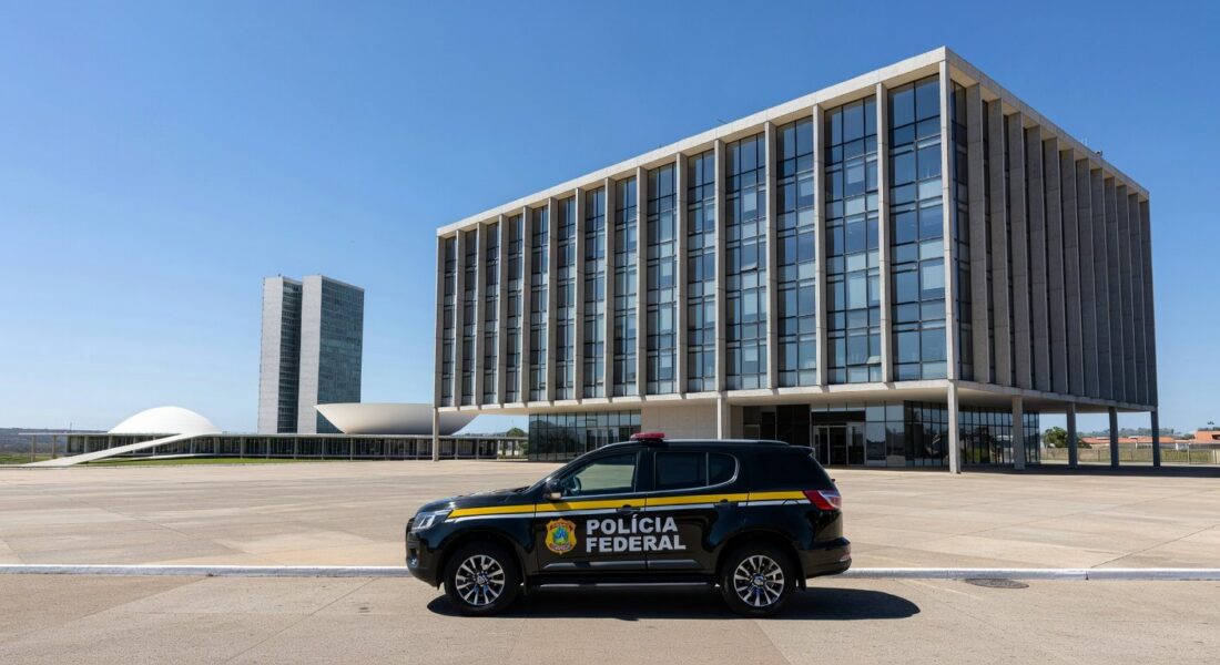 Viatura da Polícia Federal estacionada em frente ao Banco de Brasília, representando operação de prisão.