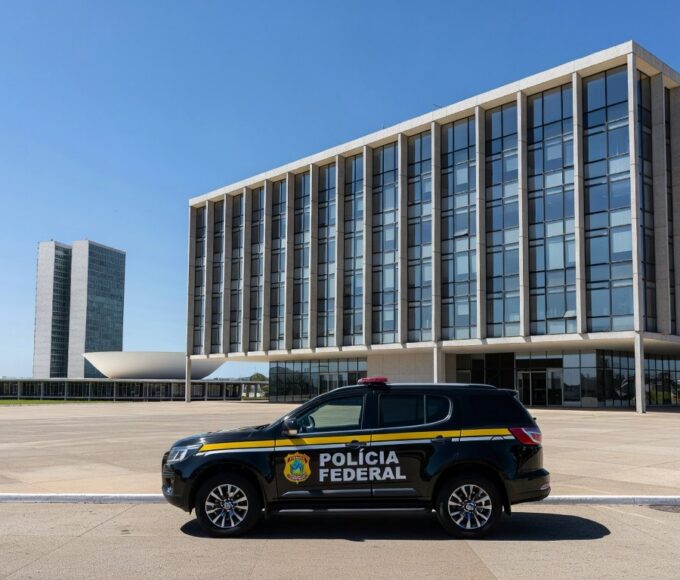 Viatura da Polícia Federal estacionada em frente ao Banco de Brasília, representando operação de prisão.