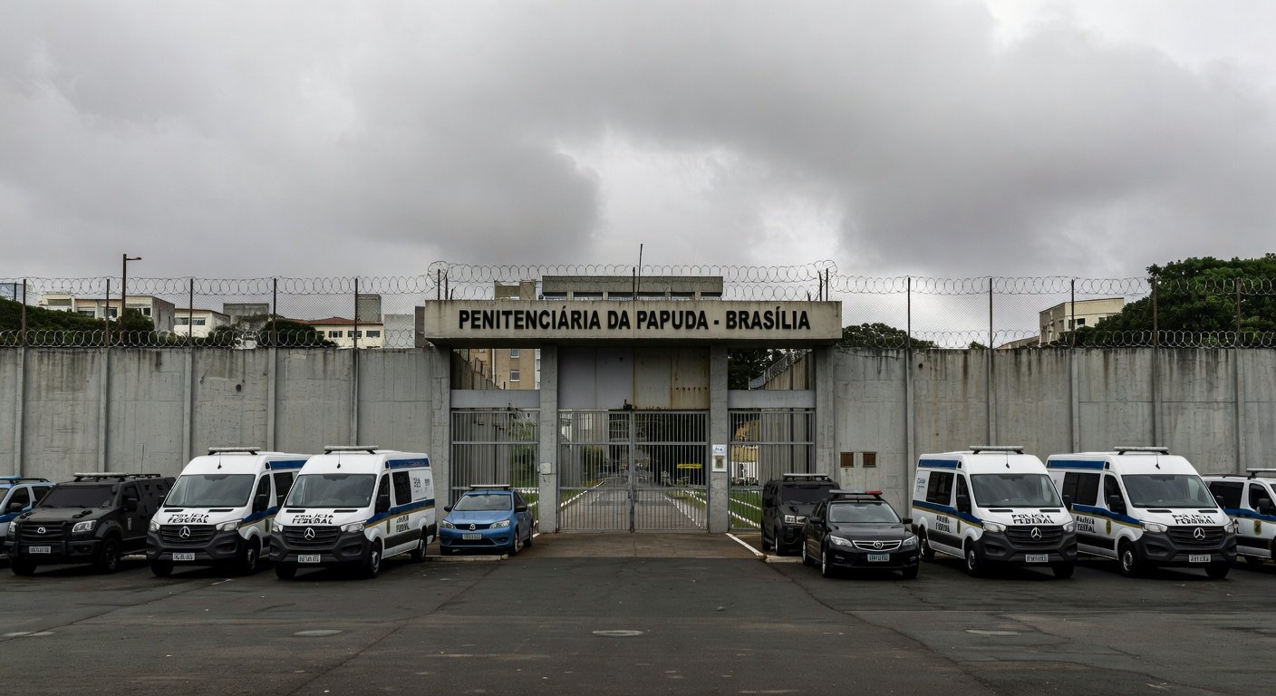 Viaturas da Polícia Federal em operação contra corrupção em Brasília, com maletas de dinheiro e documentos.