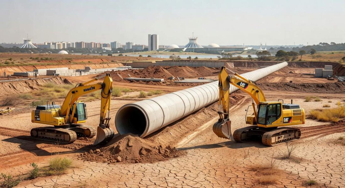 Obras de abastecimento de água no DF com reservatório seco ao fundo, lembrando racionamentos passados.
