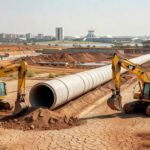 Obras de abastecimento de água no DF com reservatório seco ao fundo, lembrando racionamentos passados.