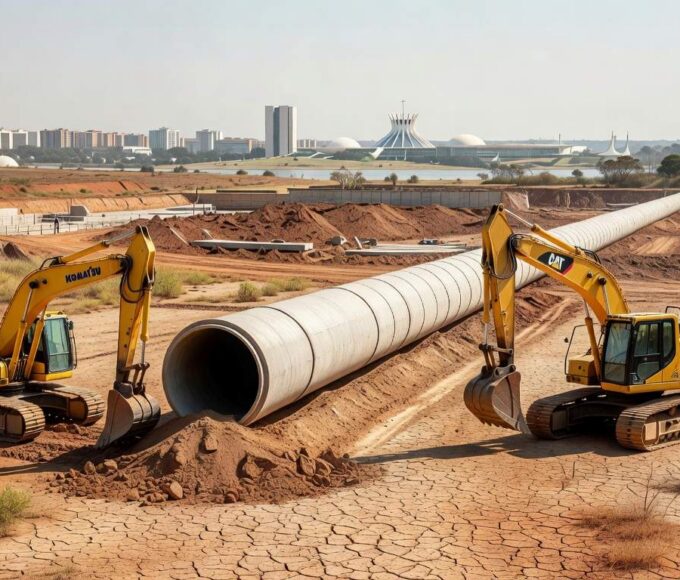 Obras de abastecimento de água no DF com reservatório seco ao fundo, lembrando racionamentos passados.