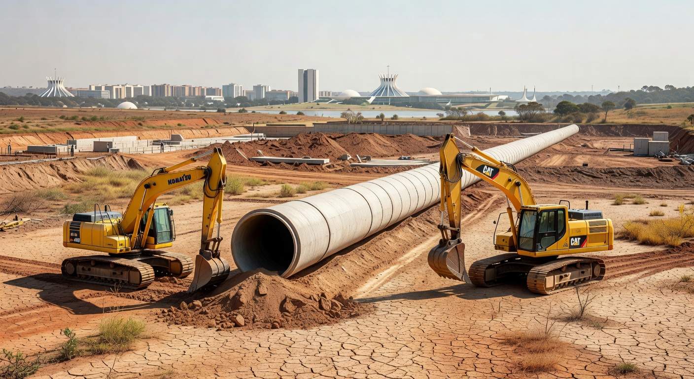 Obras de abastecimento de água no DF com reservatório seco ao fundo, lembrando racionamentos passados.