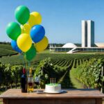 Vinhedos da Vinícola Brasília com garrafas de vinho e vista do Congresso Nacional, celebrando dois anos e 66 anos da capital.