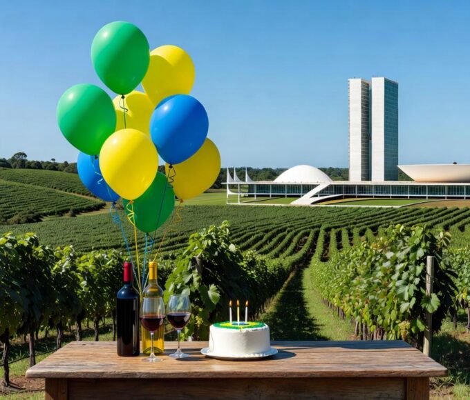 Vinhedos da Vinícola Brasília com garrafas de vinho e vista do Congresso Nacional, celebrando dois anos e 66 anos da capital.