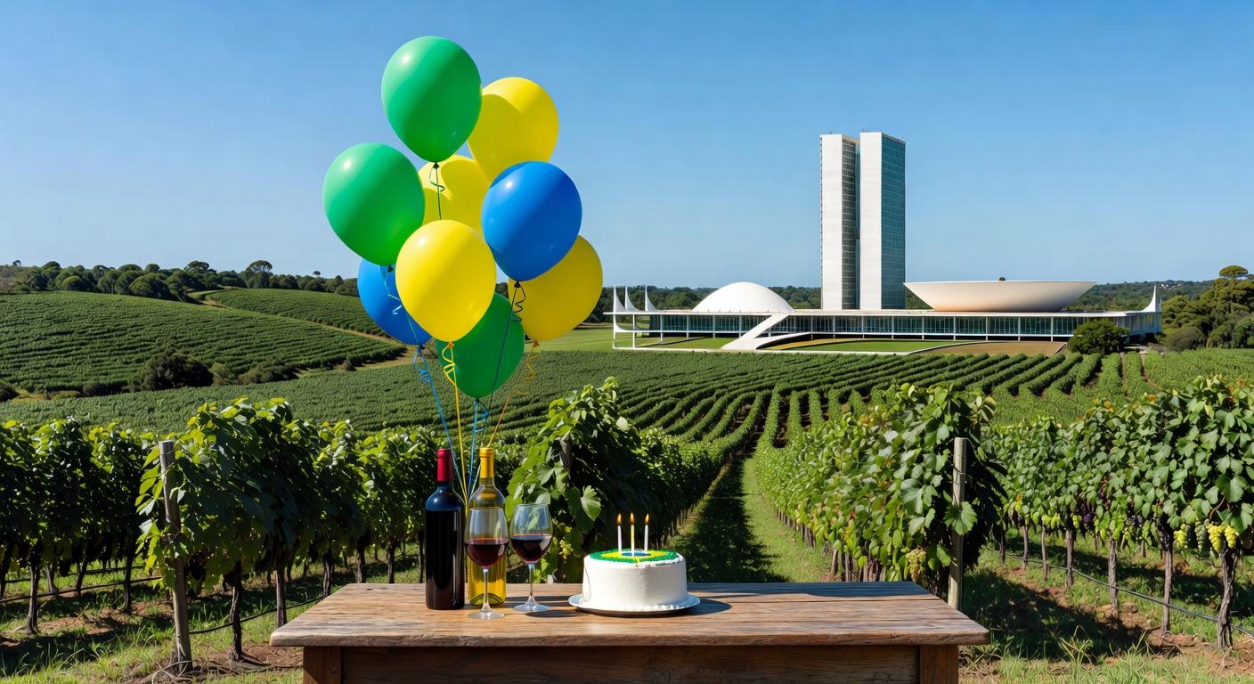 Vinhedos da Vinícola Brasília com garrafas de vinho e vista do Congresso Nacional, celebrando dois anos e 66 anos da capital.