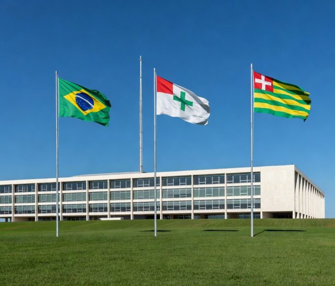 Edifício do governo do DF em Brasília, com elementos de educação, ilustrando suspensão de portaria sobre professores temporários.