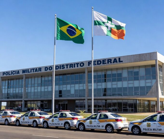 Viaturas da Polícia Militar do DF em frente ao Palácio do Buriti, simbolizando promoções na corporação.