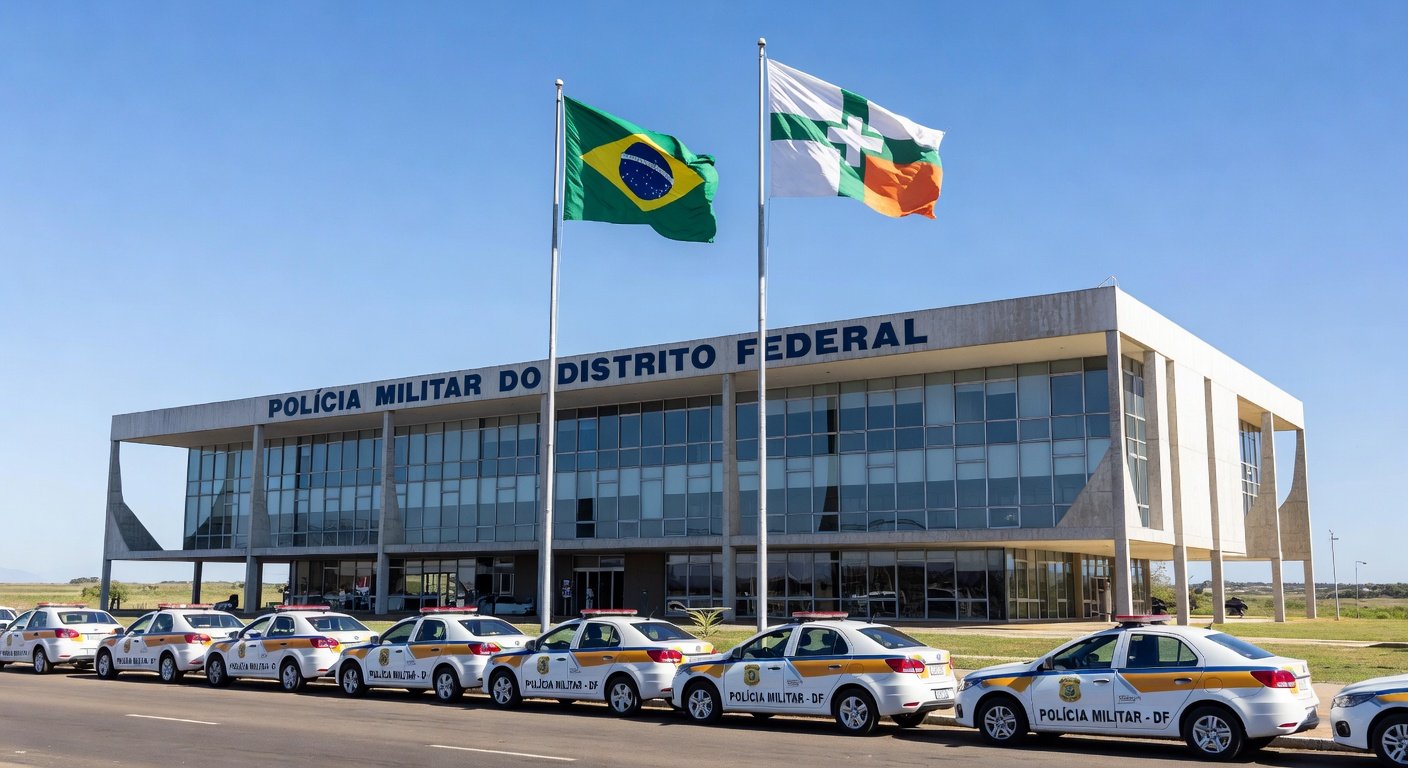 Viaturas da Polícia Militar do DF em frente ao Palácio do Buriti, simbolizando promoções na corporação.