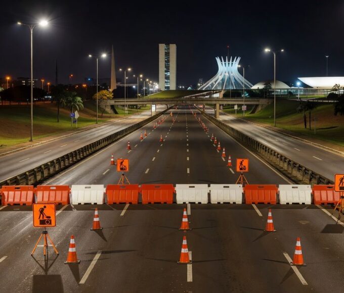 Imagem noturna do Buraco do Tatu interditado para manutenção de câmeras em Brasília, com barreiras e cones de sinalização.