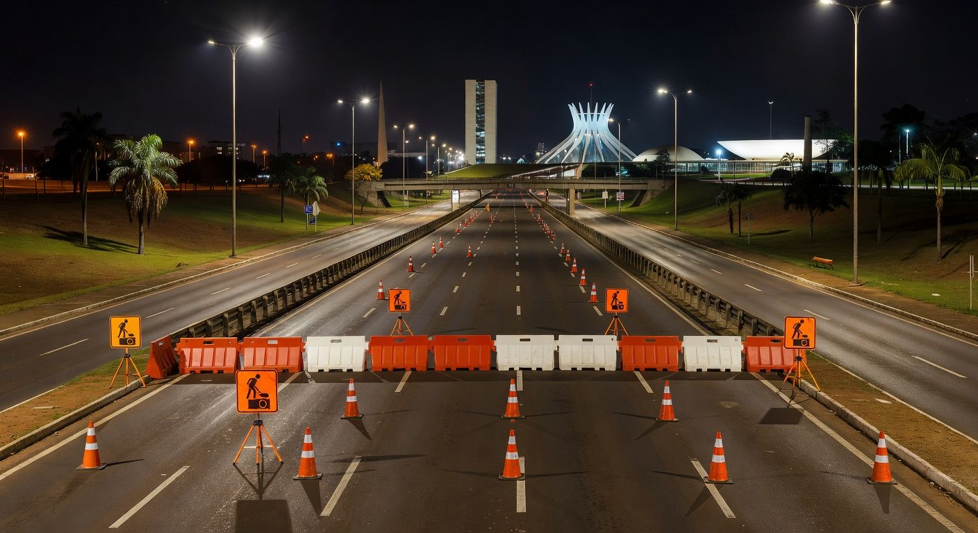 Imagem noturna do Buraco do Tatu interditado para manutenção de câmeras em Brasília, com barreiras e cones de sinalização.
