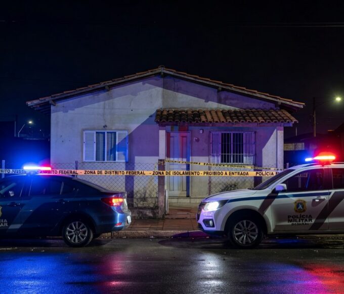 Viaturas da Polícia Militar em frente a casa em Ceilândia após invasão armada.