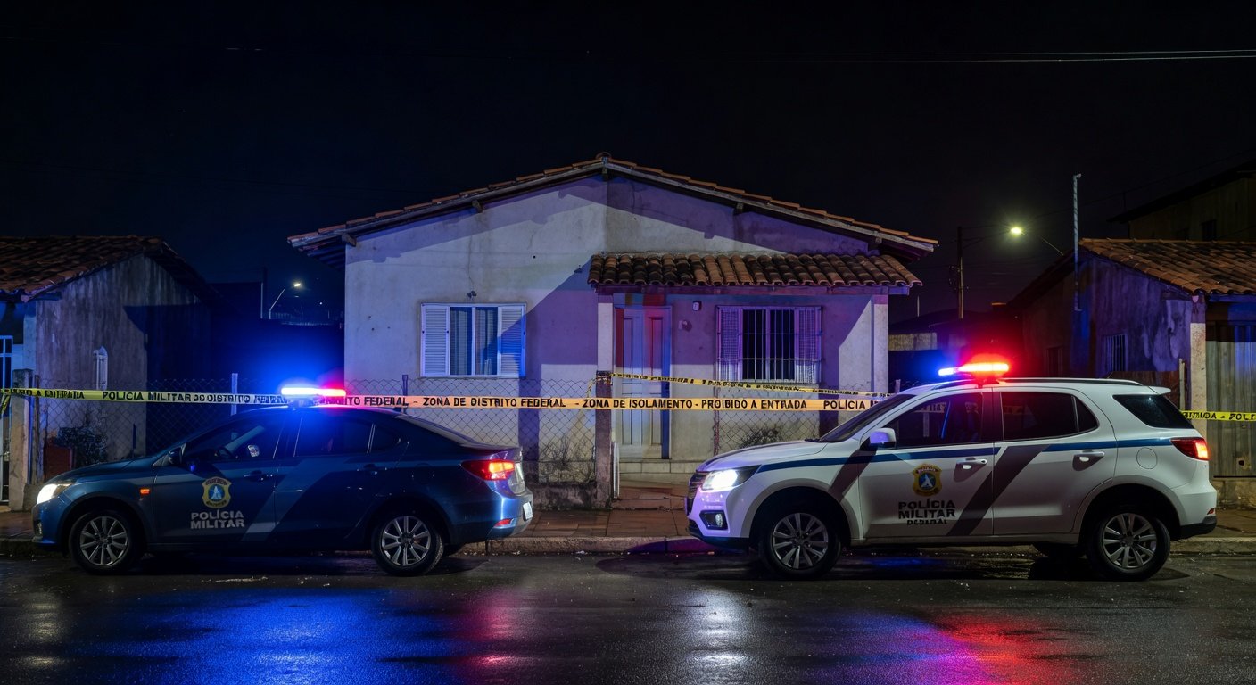 Viaturas da Polícia Militar em frente a casa em Ceilândia após invasão armada.