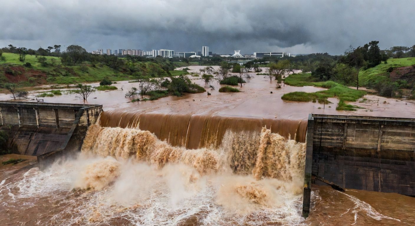Barragem de Santa Maria transbordando em Brasília, expondo fragilidades no sistema hídrico.
