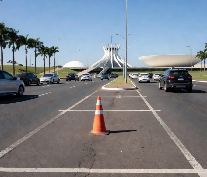 Rua em Samambaia com vagas de estacionamento e carros, representando disputa por vaga.