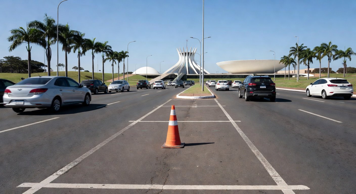 Rua em Samambaia com vagas de estacionamento e carros, representando disputa por vaga.
