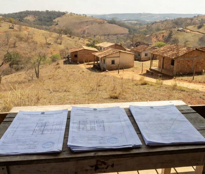 Paisagem rural em Planaltina com casas e terrenos demarcados, representando regularização fundiária no Distrito Federal.
