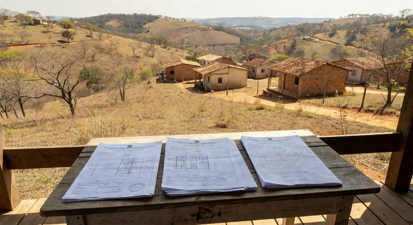 Paisagem rural em Planaltina com casas e terrenos demarcados, representando regularização fundiária no Distrito Federal.