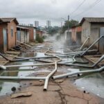 Ligações clandestinas de água em rua de Brasília, com canos improvisados e poças, expondo riscos a moradores.