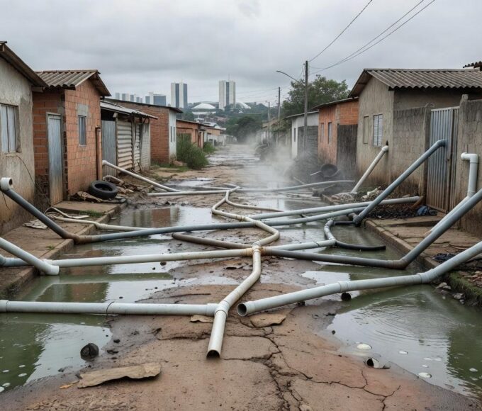 Ligações clandestinas de água em rua de Brasília, com canos improvisados e poças, expondo riscos a moradores.