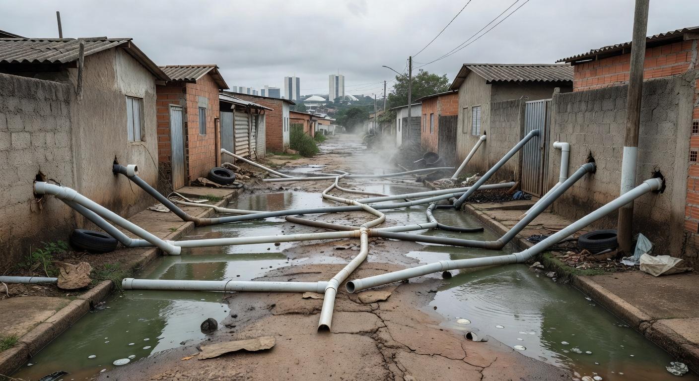 Ligações clandestinas de água em rua de Brasília, com canos improvisados e poças, expondo riscos a moradores.