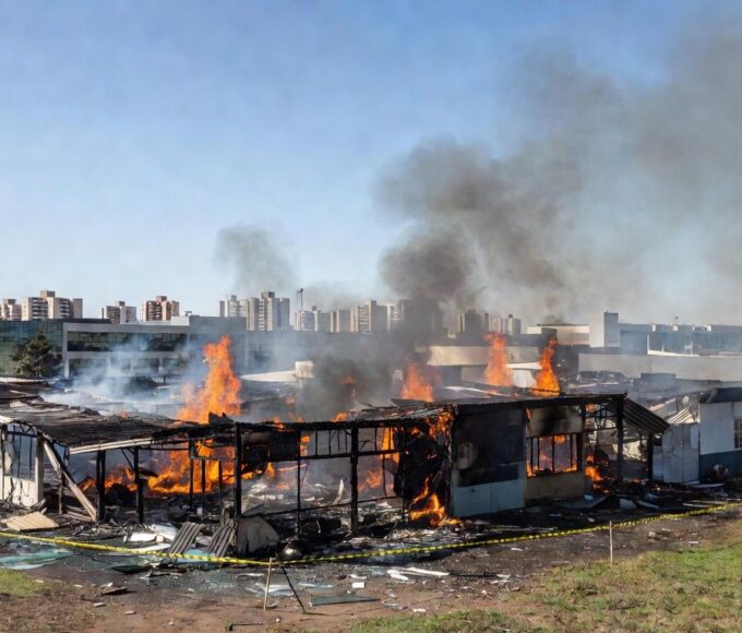 Incêndio em lojas do bloco C da Feira dos Importados em Brasília, com área isolada para perícia.