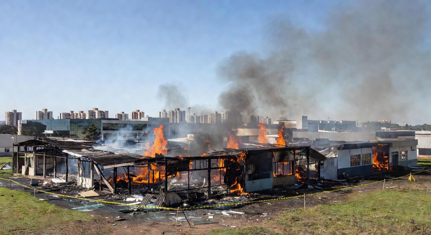 Incêndio em lojas do bloco C da Feira dos Importados em Brasília, com área isolada para perícia.