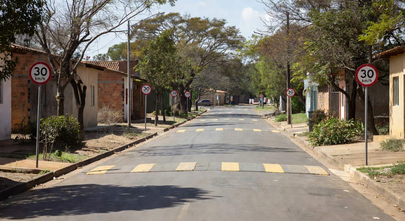 Rua no Setor de Indústrias do Gama com sinalização de sentido único e Zona 30