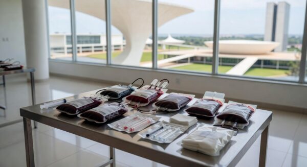Posto de vacinação em Brasília com equipamentos de doação de sangue e órgãos