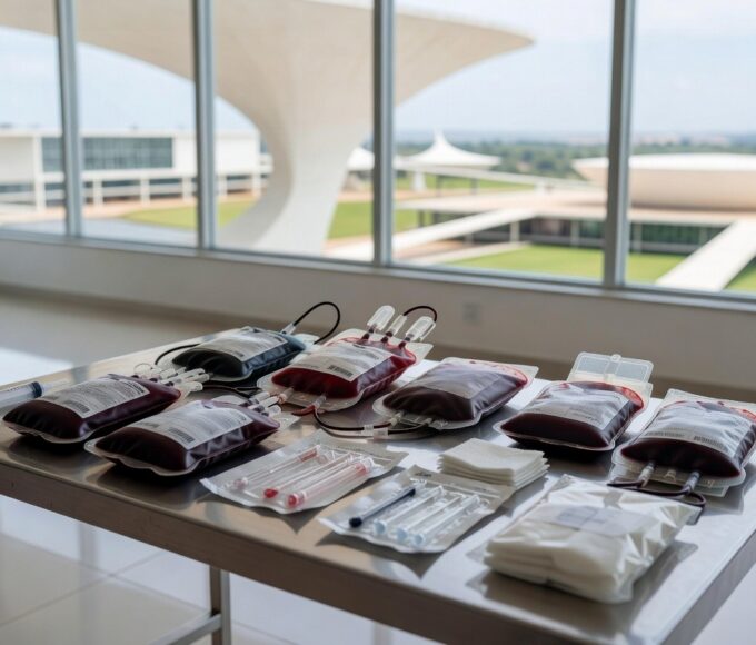 Posto de vacinação em Brasília com equipamentos de doação de sangue e órgãos