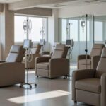 Corredor precário do Hospital de Base em Brasília, evidenciando infraestrutura deficiente para centro de infusão