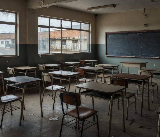 Sala de aula vazia em escola pública brasileira representando fracasso na educação de jovens e adultos