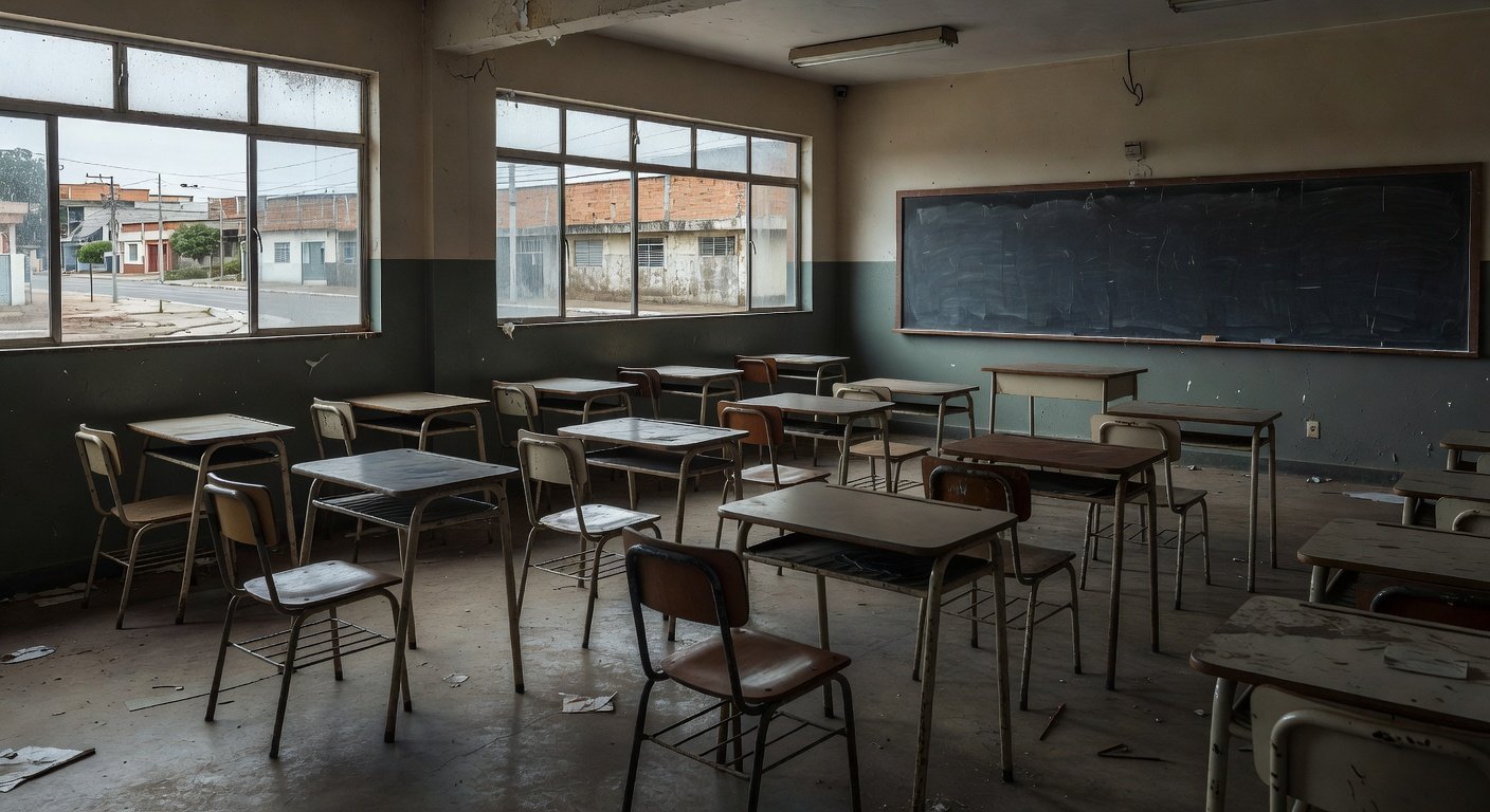 Sala de aula vazia em escola pública brasileira representando fracasso na educação de jovens e adultos