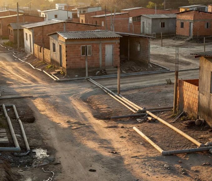 Bairro de Ceilândia com casas modestas simbolizando falha do Estado no apoio a famílias vulneráveis