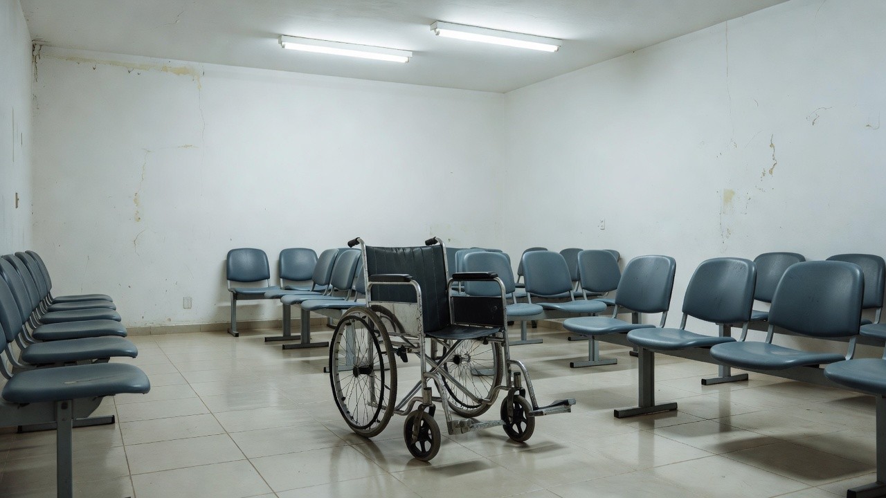 Cadeira de rodas em sala de espera da UPA do Recanto das Emas