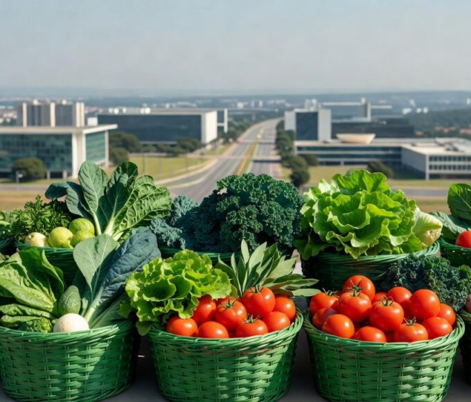 Cestas verdes com vegetais para beneficiários do Cartão Prato Cheio