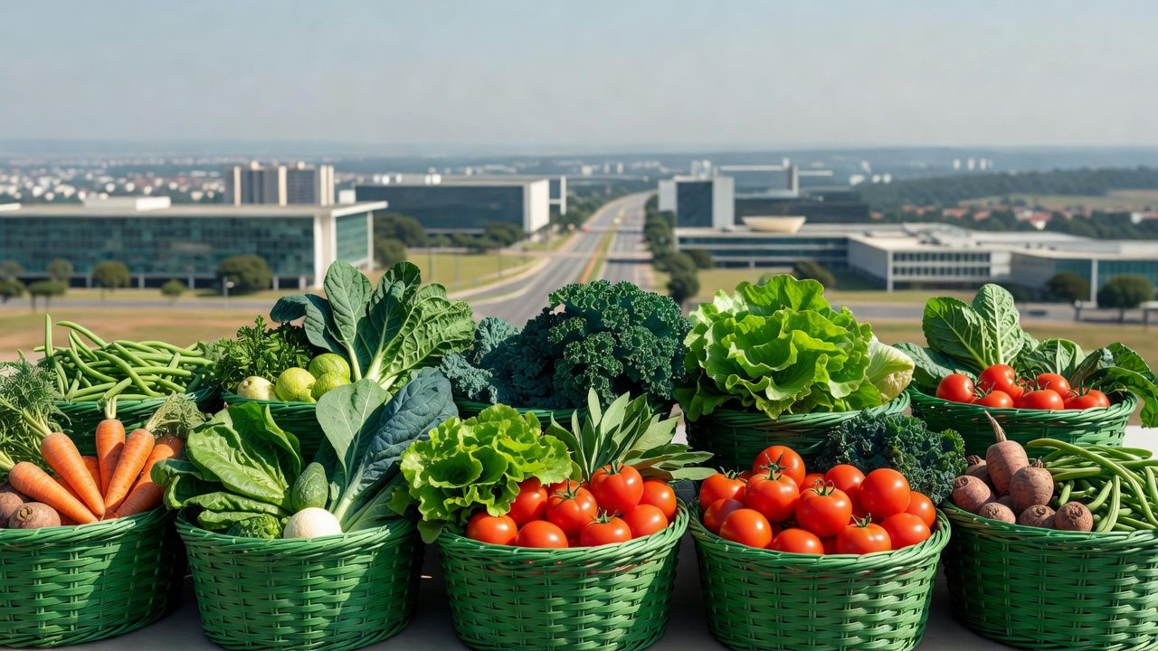 Cestas verdes com vegetais para beneficiários do Cartão Prato Cheio