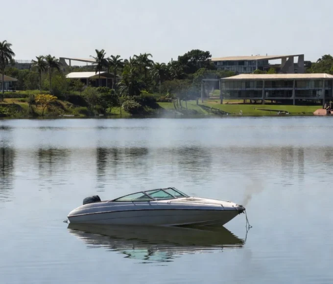 Lancha em chamas no Lago Sul de Brasília