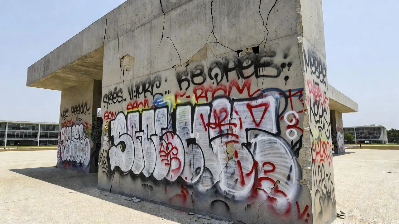 Patrimônio público vandalizado em Brasília com pichações e danos