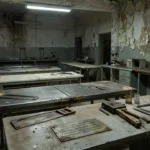 Laboratório do IML em Brasília com equipamentos obsoletos e pilhas de documentos, simbolizando precariedade