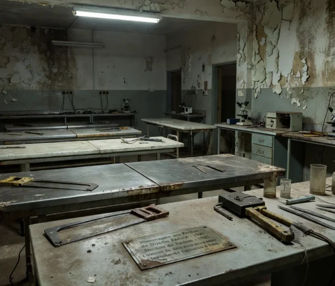 Laboratório do IML em Brasília com equipamentos obsoletos e pilhas de documentos, simbolizando precariedade