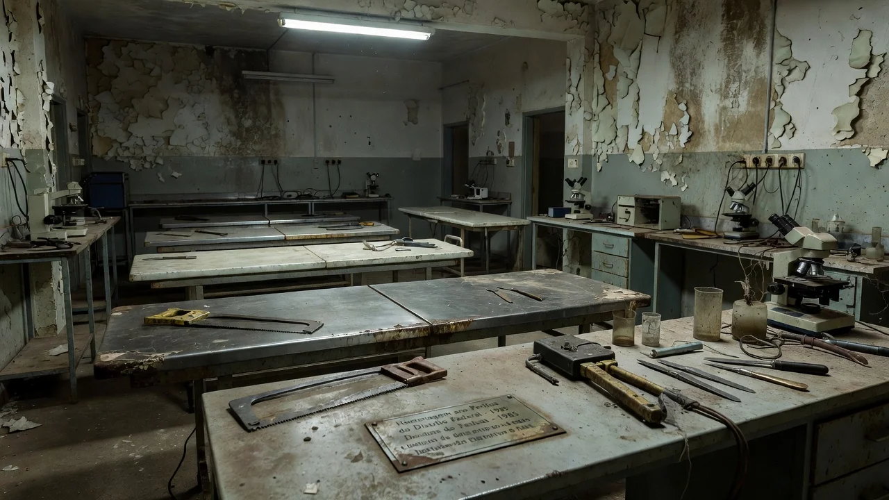 Laboratório do IML em Brasília com equipamentos obsoletos e pilhas de documentos, simbolizando precariedade