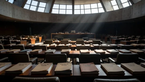 Sala de audiência na CLDF com documentos de planos de saúde em Brasília