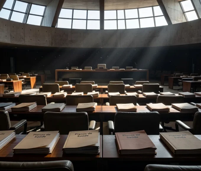 Sala de audiência na CLDF com documentos de planos de saúde em Brasília