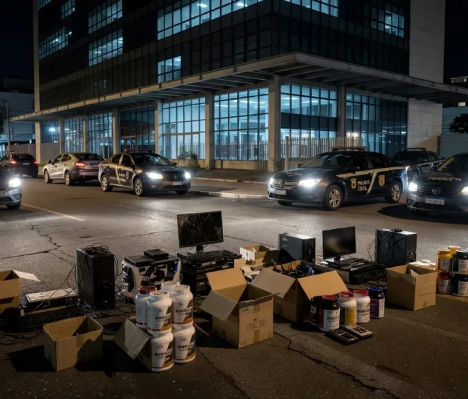 Operação da Polícia Civil com viaturas e evidências de suplementos ilegais