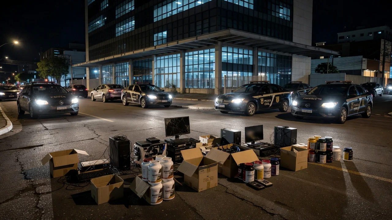 Operação da Polícia Civil com viaturas e evidências de suplementos ilegais
