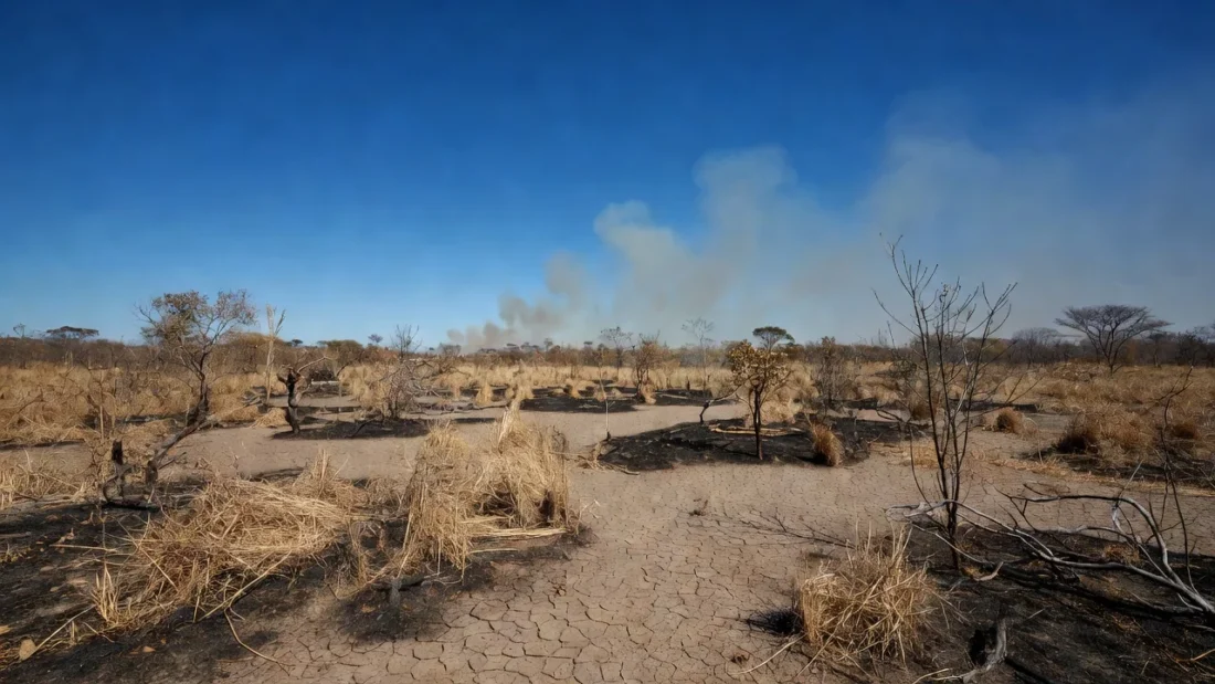 Paisagem do Cerrado seco no Distrito Federal com fumaça de incêndios durante a seca