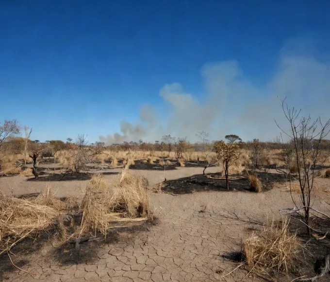 Paisagem do Cerrado seco no Distrito Federal com fumaça de incêndios durante a seca