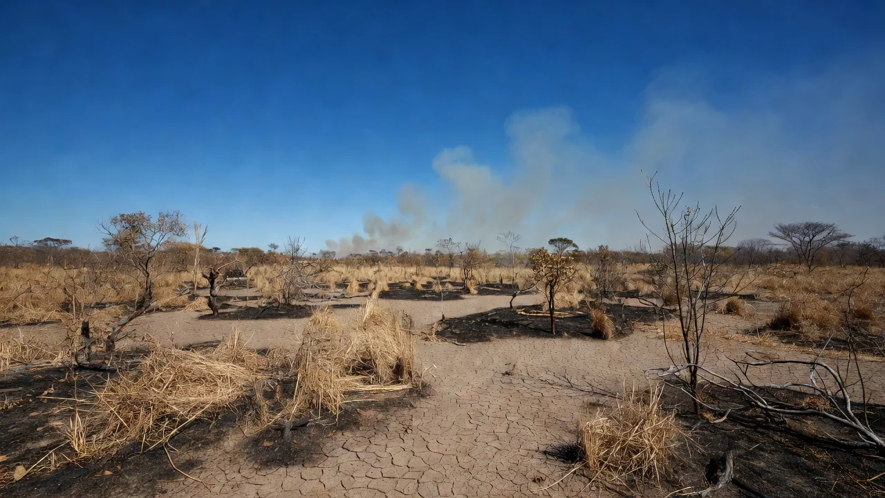 Paisagem do Cerrado seco no Distrito Federal com fumaça de incêndios durante a seca